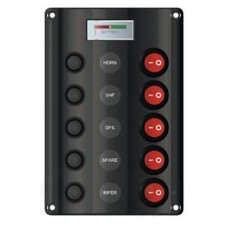 allpa Kunststof schakelpaneel, 12V, 5-schakelaar & LED-indicators, zekeringen (1x5A, 2x10A,